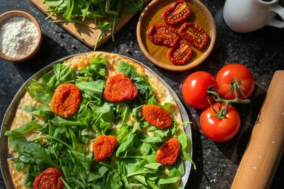Pizza de rúcula com tomate sec