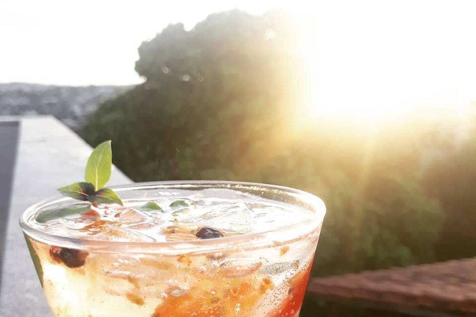 Gin tônica, tomate uva, manjericão e zimbro