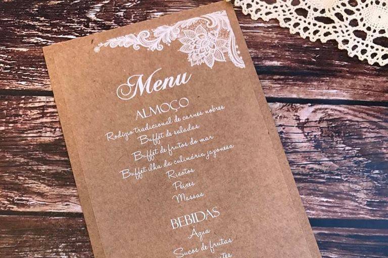 Menu de casamento rústico.