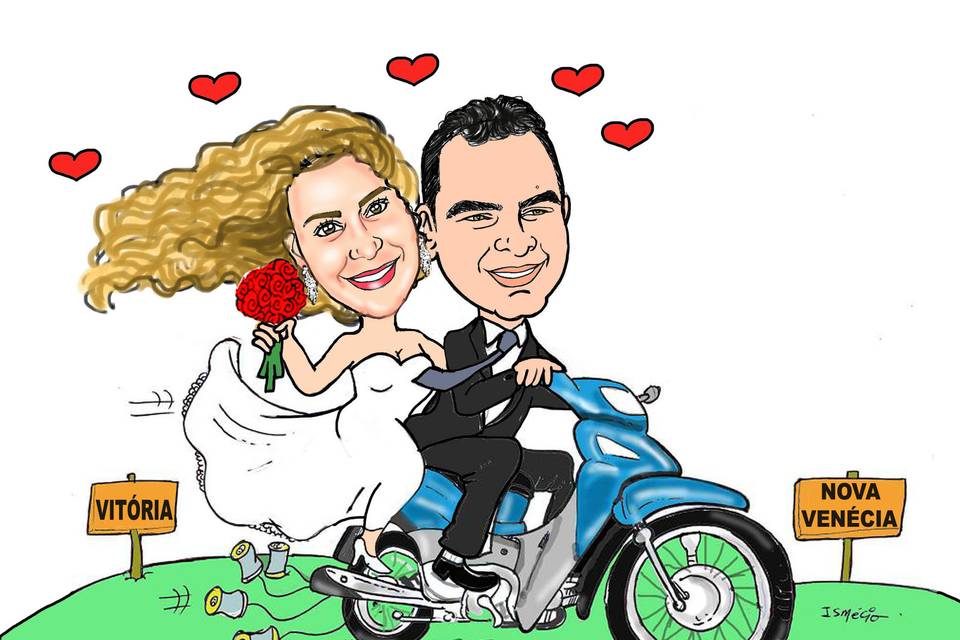 Caricatura de noivos na moto