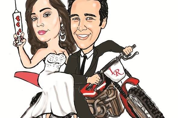 Caricatura noivos na moto