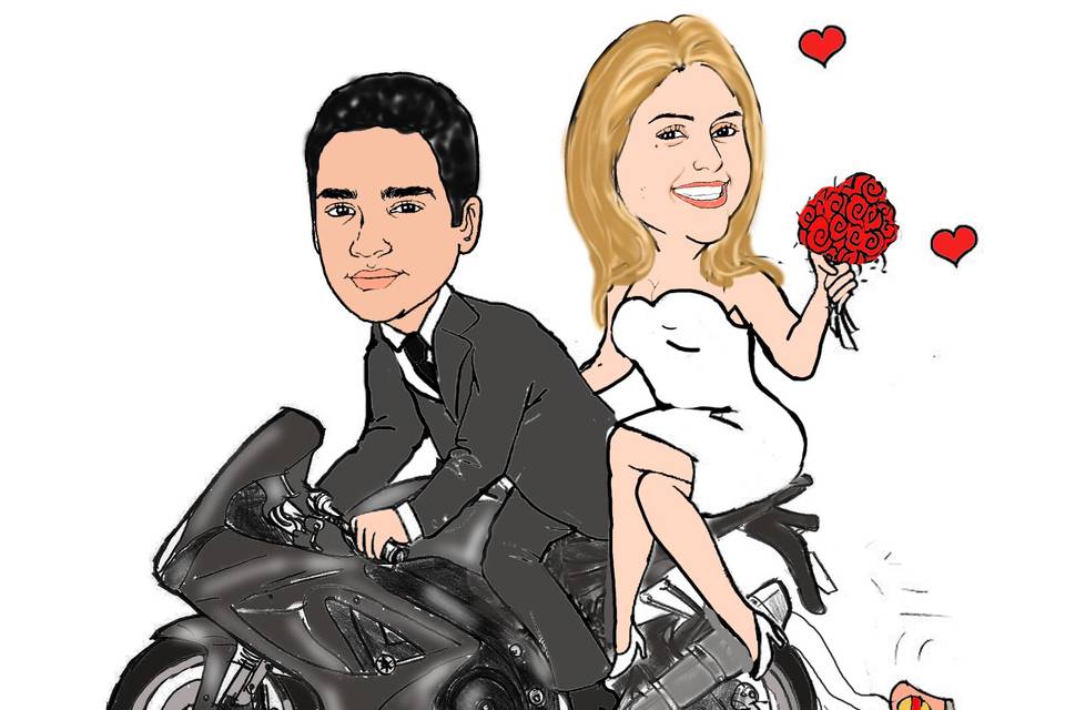 Caricatura de noivos na moto