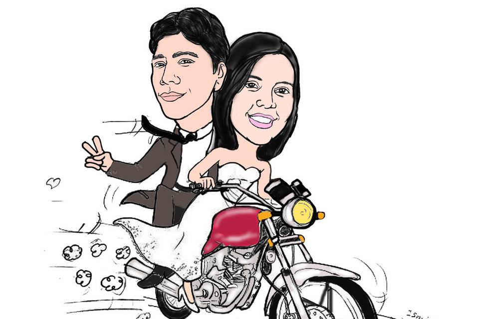 Caricatura noivos na moto