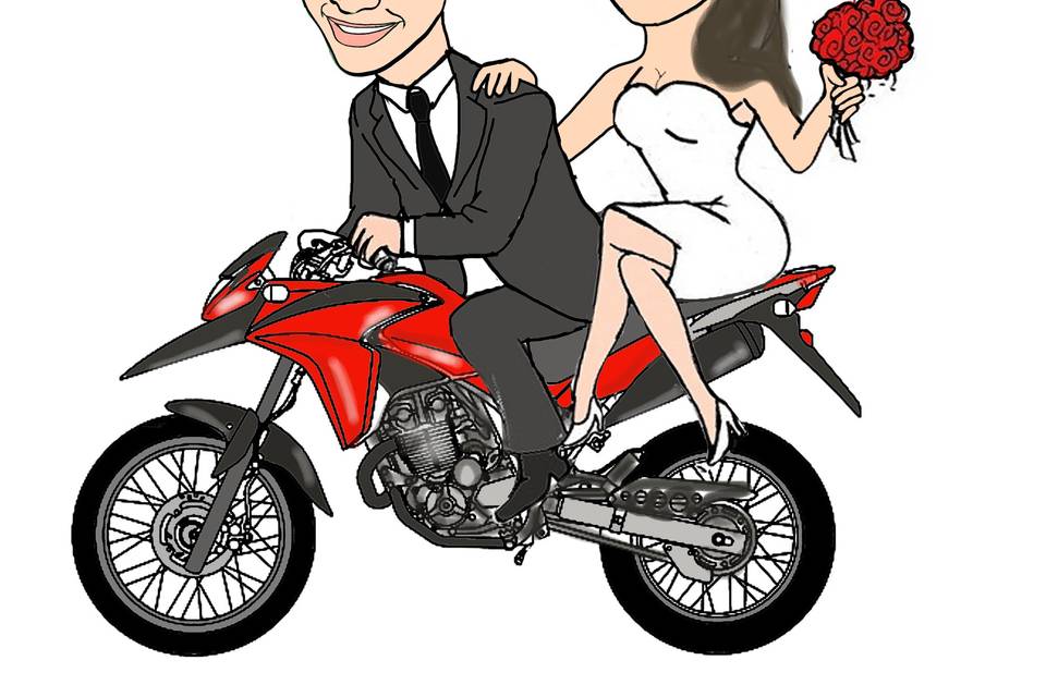 Caricatura noivos na moto
