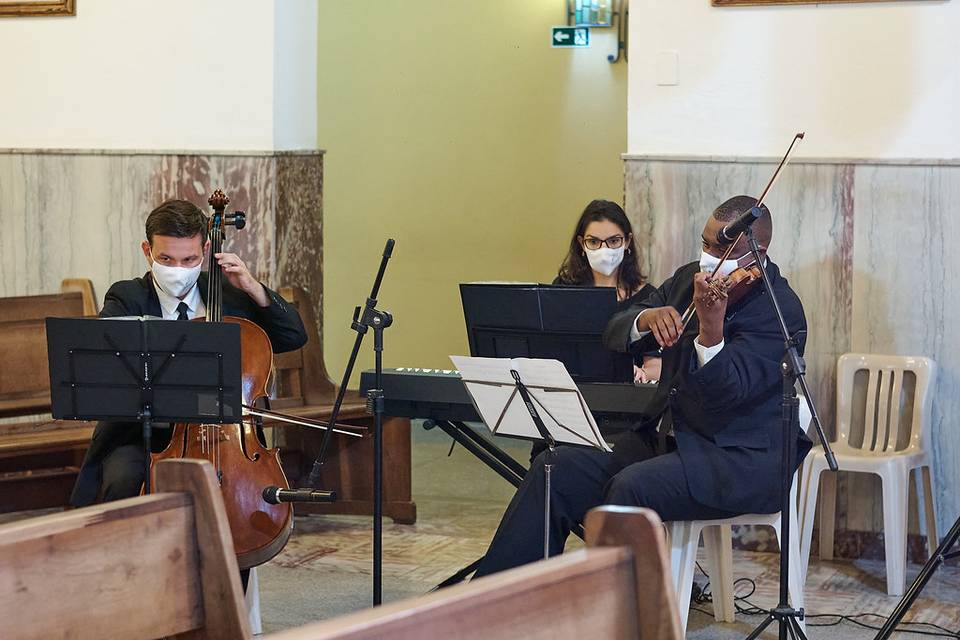 Violino, teclado e cello.