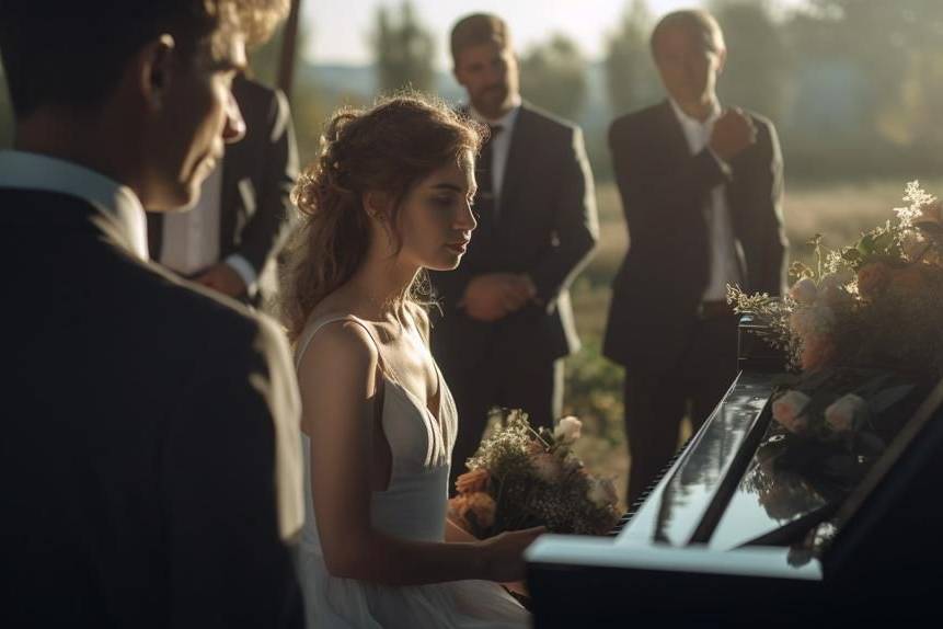 Noiva tirando fotos no piano